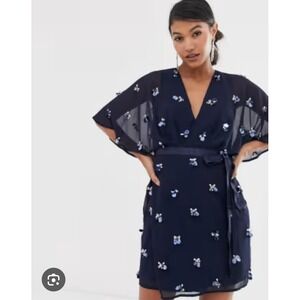 ASOS Navy Blue Embellished Flutter Sleeve Wrap Tie Dress V-Neck Size 8 Party